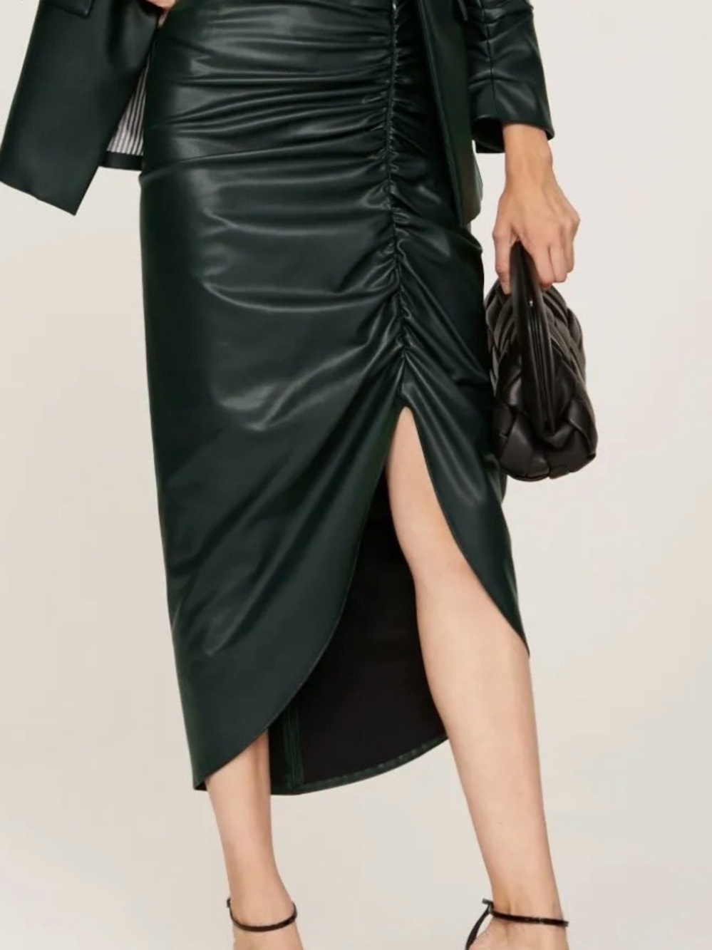Veronica Beard Black Faux Leather Ruched Midi Skirt with Slit